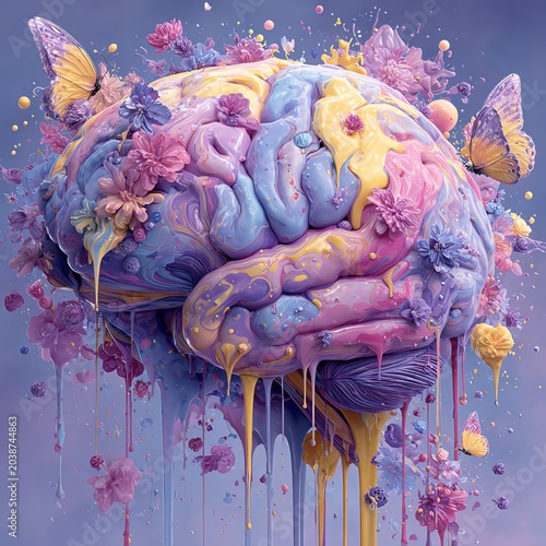 A surreal brain adorned with flowers and butterflies, blending vivid colors and emotion, representing creativity and thought.