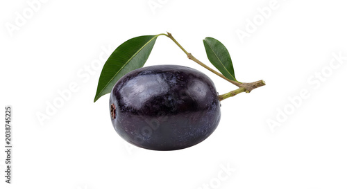 Fresh black plum with green leaves