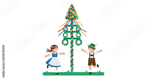 Joyful Children Dancing Around a Colorful Maypole on a White Background.