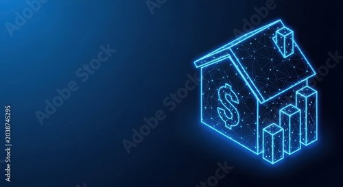 Glowing blue wireframe house with dollar sign representing financial real estate investment and property.