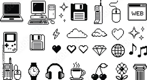 фотографія Retro 8 bit pixel art icon set featuring vintage computer tech gaming gear inter