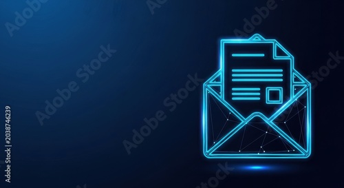 Glowing Digital Email Envelope with Document on Dark Blue Futuristic Background