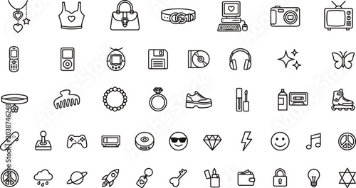Tableau sur toile Y2K aesthetic line art icons set featuring retro tech fashion lifestyle accessor