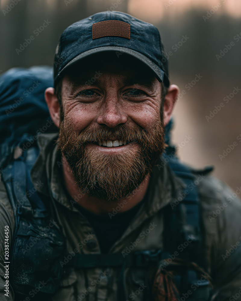Fototapeta premium Bearded man in outdoor gear and cap smiles confidently, carrying a large backpack, suggesting an adventurous hiking or camping trip in a natural setting.