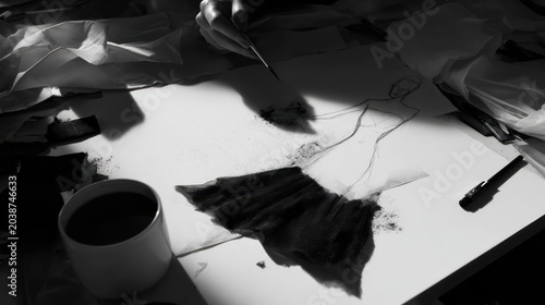 Black and white overhead view of a table with artwork and coffee mug