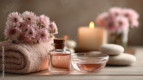 Zen spa still life with aromatherapy bottle massage stones and candle wallpapers