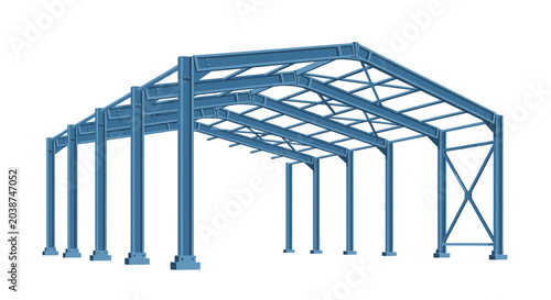 Blue Industrial Steel Building Frame Illustration Isolated on White Background - Structural Engineering and Construction Skeleton Concept