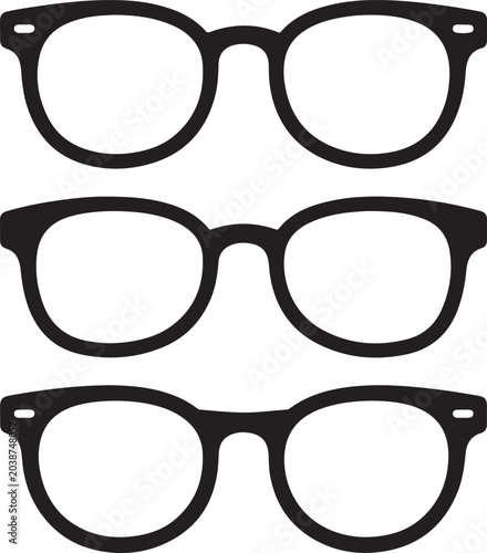 Three identical black frame eyeglass with a classic shape on a white background, for optical, fashion, and vision related
