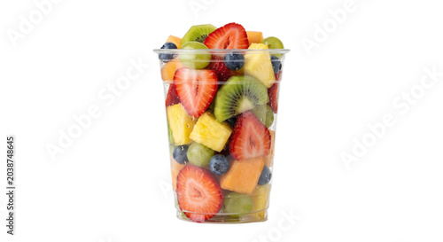 Fresh mixed fruit salad in clear plastic takeaway cup