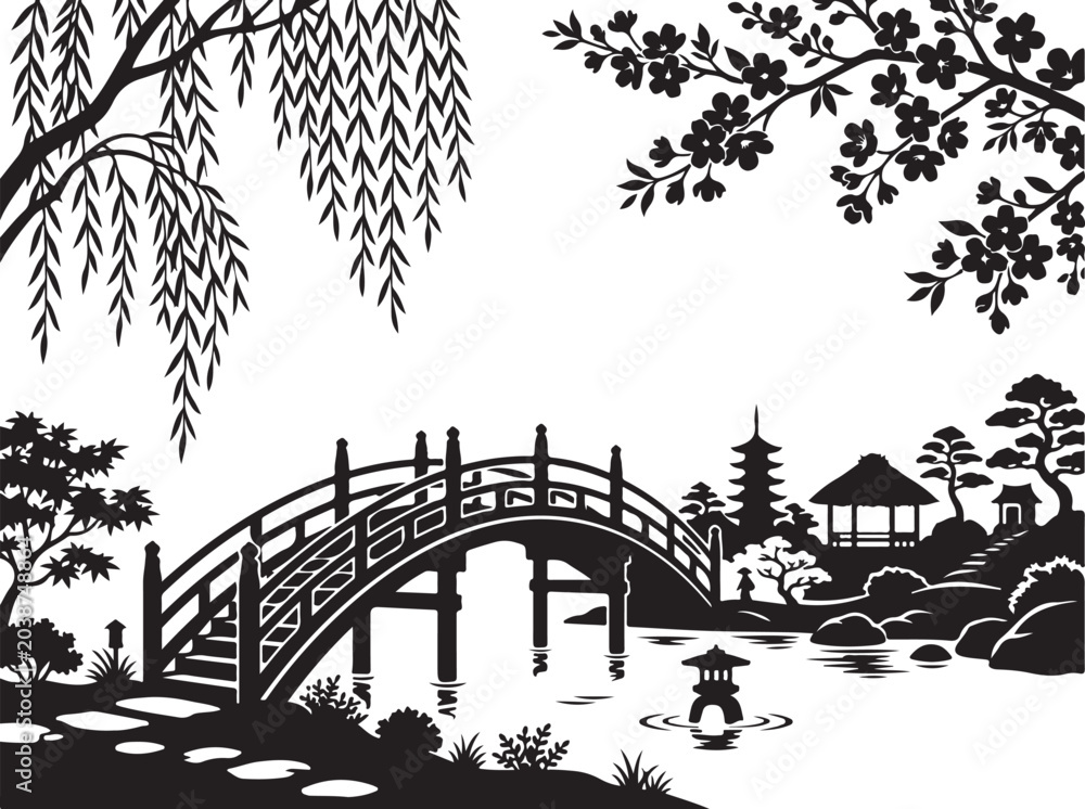 Fototapeta premium Japanese bridge, serene landscape, black silhouette, vector illustration, Asian garden