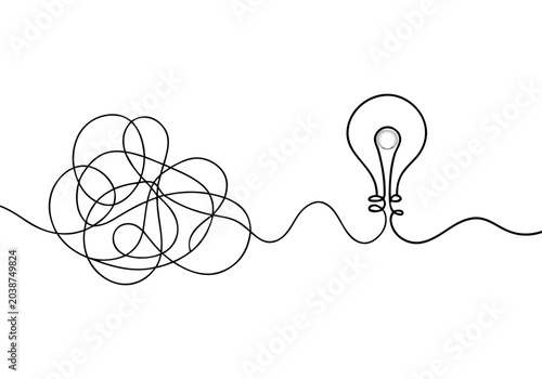 One continuous line drawing of way from chaotic to simplicity and lightbulb. Concept of problem solving and business solutions in simple linear style. Editable stroke. Doodle vector illustration,