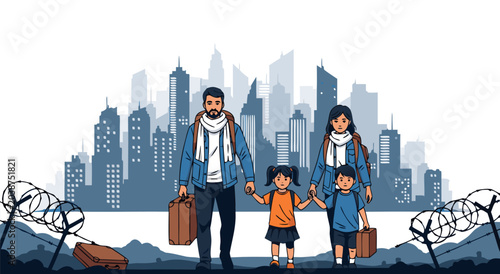 Fotografi Family refugees vector illustration carrying luggage, walking towards a city sky
