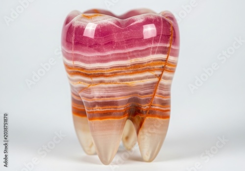 A tooth made of pink and orange stone