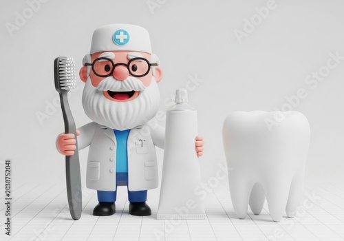 A cartoon dentist with a toothbrush and toothpaste