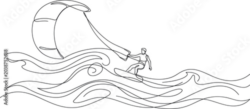 Kitesurfer Riding Waves, Dynamic Line Art Illustration
