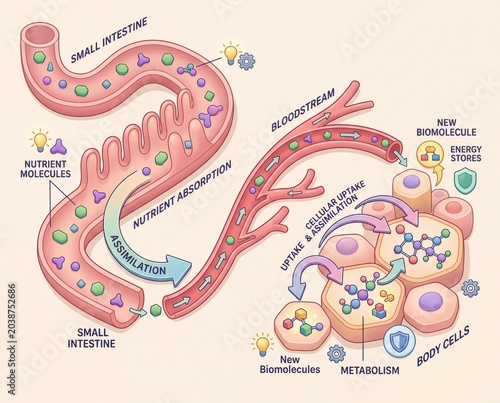Diagram illustrating nutrient absorption and biomolecule metabolism in the human body