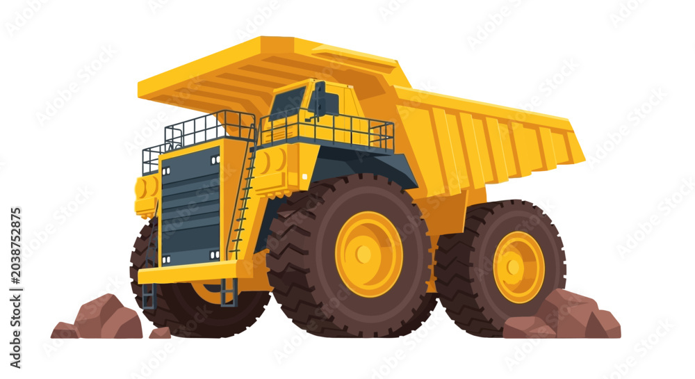 Fototapeta premium Large Yellow Mining Dump Truck Illustration Isolated on White Background. Heavy Duty Industrial Haul Truck for Quarry and Open Pit Mining Operations.
