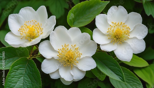 Three Pristine White Flowers With Vibrant Yellow Stamens Contrasted Against Lush Green Leaves