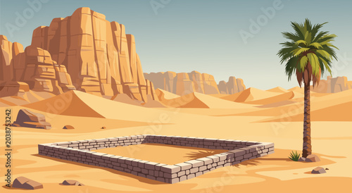 Foto Desert Oasis Foundation Vector Illustration - Ancient Landmark Structure in Sand