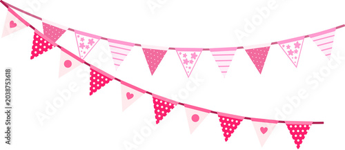Pink heart patterned triangle flag buntings perfect for hanging as festive party decoration display banners for parties and events.