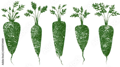 Five distinctly shaped green root vegetables displayed in a row exhibit varied textures