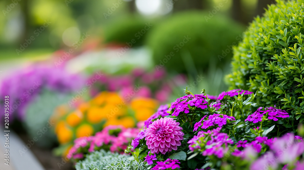 Obraz premium Lush garden bed overflowing with vibrant flowers and manicured shrubs, blooming plants in a variety of colors, landscaping element concept, defocused background, with copy space
