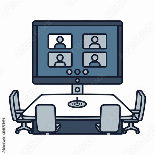 Modern conference room with video call screen illustration for business