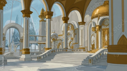 Grand palatial interior features ornate columns, sweeping stairs, and icy mountain vistas beyond clear walls