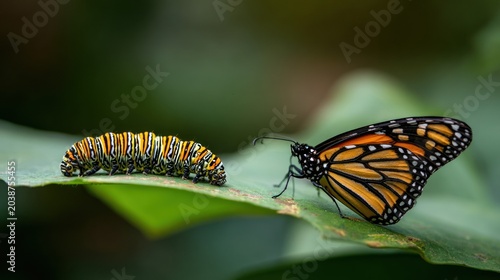 Larva and winged adult insect rest side by side on a green leaf surface