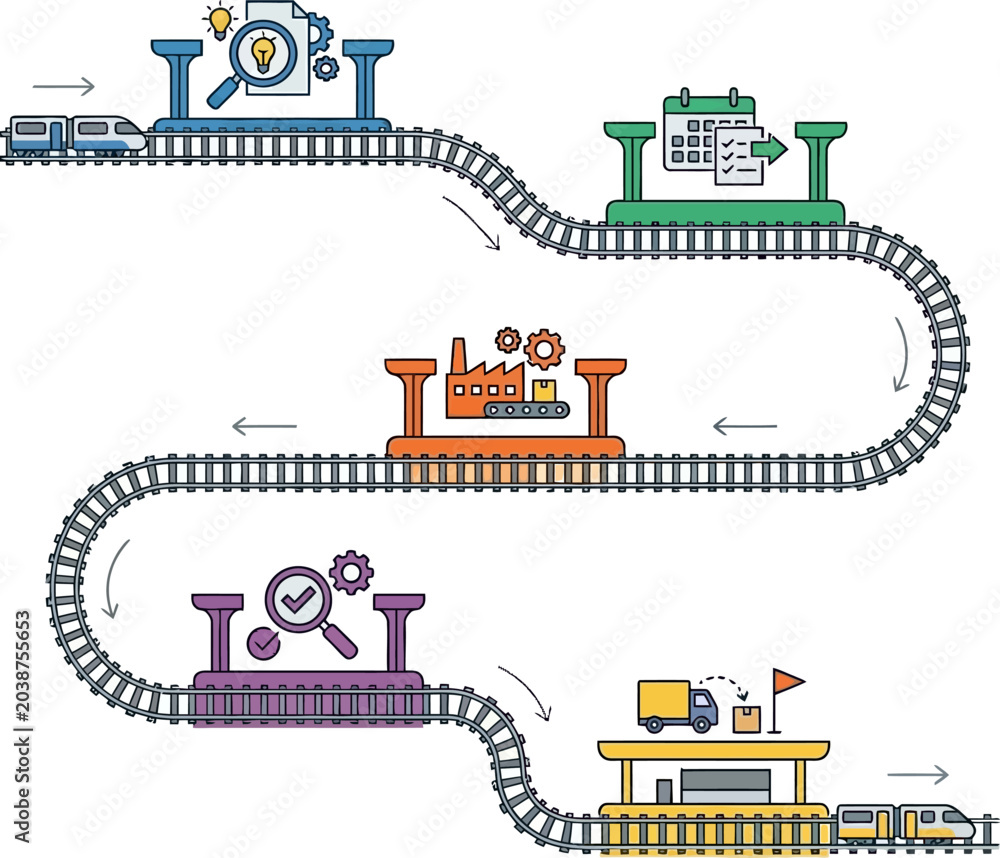 Naklejka premium Railroad tracks connect various industrial stages in a circular logistics workflow diagram.
