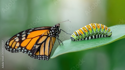 Adult insect and larval stage resting side by side on a green leaf.