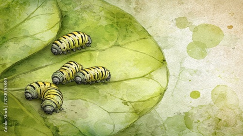 Several striped larvae are resting upon a large green botanical structure