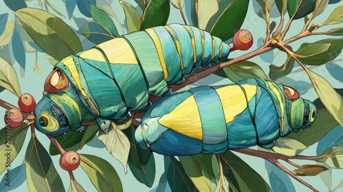 Two vividly colored larval insects rest upon leafy branches bearing small red fruit