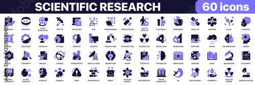 Scientific research icon collection in purple colored style. Includes laboratory, chemistry, biology, medicine, technology, space and innovation icons in flat fill style