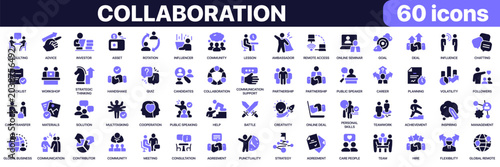 Collaboration icon collection in purple colored style. Includes teamwork, partnership, communication, consulting, leadership, management and business cooperation icons in flat fill style