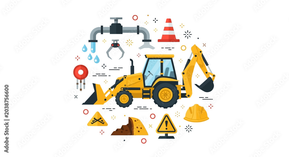 Naklejka premium Yellow Backhoe Loader Vector Illustration with Construction Icons, Safety Equipment, and Infrastructure Symbols for Industrial Design and Building Projects