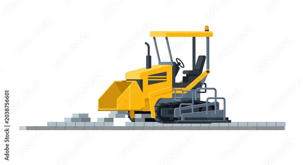 Obraz premium Modern Yellow Automatic Paving Machine Illustration Laying Stone Bricks, Heavy Construction Equipment for Roadwork and Urban Infrastructure, Vector Flat Design on White Background