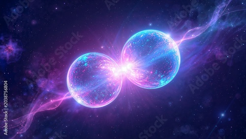 Artistic digital representation of two glowing spheres connected by energy in space