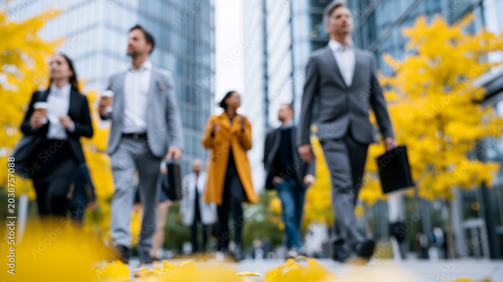 Obraz premium Business professionals walking briskly across wide modern urban plaza between glass tower buildings on crisp autumn morning commute, colorful fallen leaves on ground, some holding
