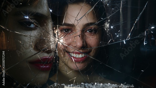 Close-up of smiling woman behind shattered glass with reflections and cracks