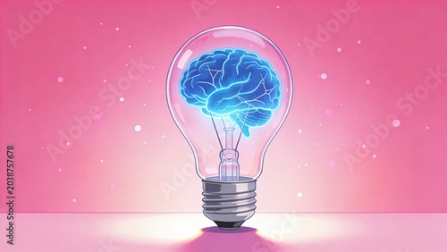 A glowing light bulb containing a blue brain sits on a pink surface.