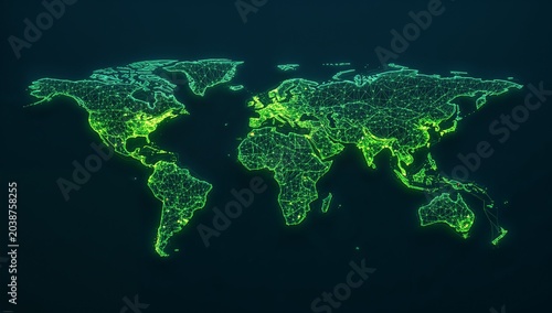 Illuminated Digital World Map with Bright Green Highlights on Dark Background