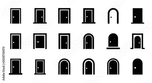 A collection of black silhouette icons depicting various door designs, including rectangular and arched entrances, on a white background.