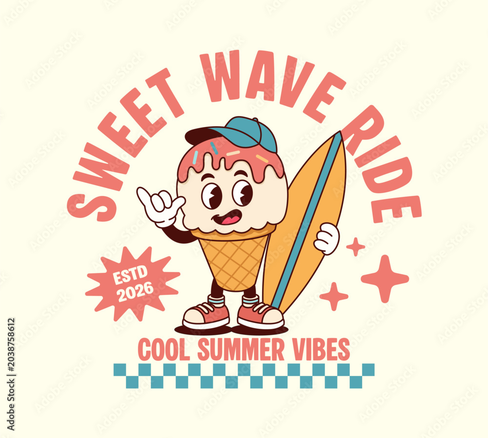 Obraz Retro ice cream cartoon holding surfboard, fun summer vibes illustration, playful design for kids, stickers, T-shirts, posters, and seasonal branding