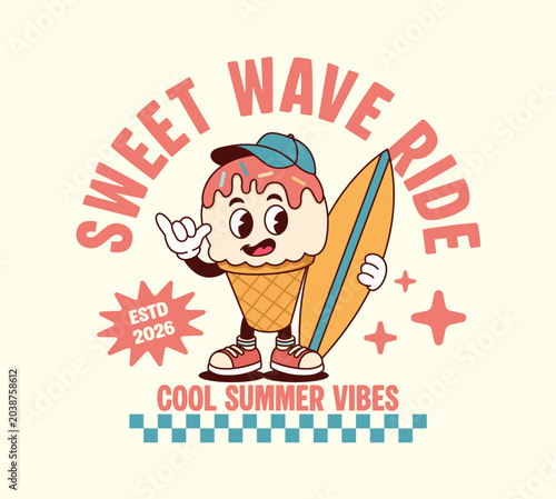 Valokuva Retro ice cream cartoon holding surfboard, fun summer vibes illustration, playfu