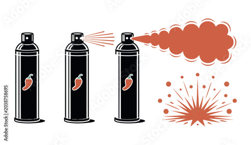 Foto Self defense pepper spray canisters set with aerosol cloud and burst effect in flat vector graphic style