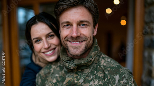 A soldier returning home and embracing family members at the doorway, emotional reunion after war, warm and hopeful atmosphere, photorealistic, premium commercial stock photography