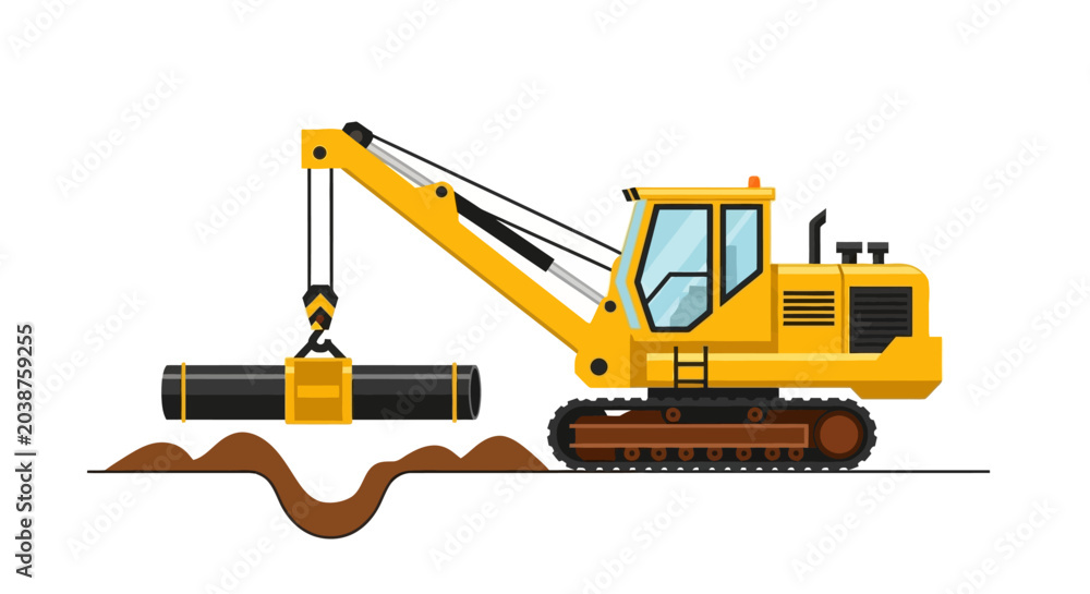 Obraz premium Yellow Industrial Pipelayer Machine Vector Illustration - Heavy Duty Crane Laying Pipe in Trench