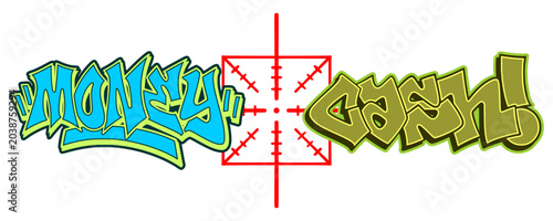Foto Money and cash typography lettering graffiti with target aim crosshair bundle pack displaying urban street art subculture graphic collection element for streetwear clothing design clip art
