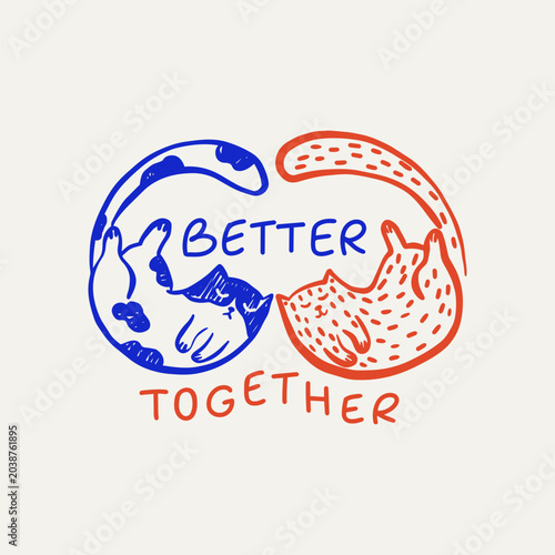 A charming minimalist illustration featuring two playful cats curled toward each other in a circular composition.